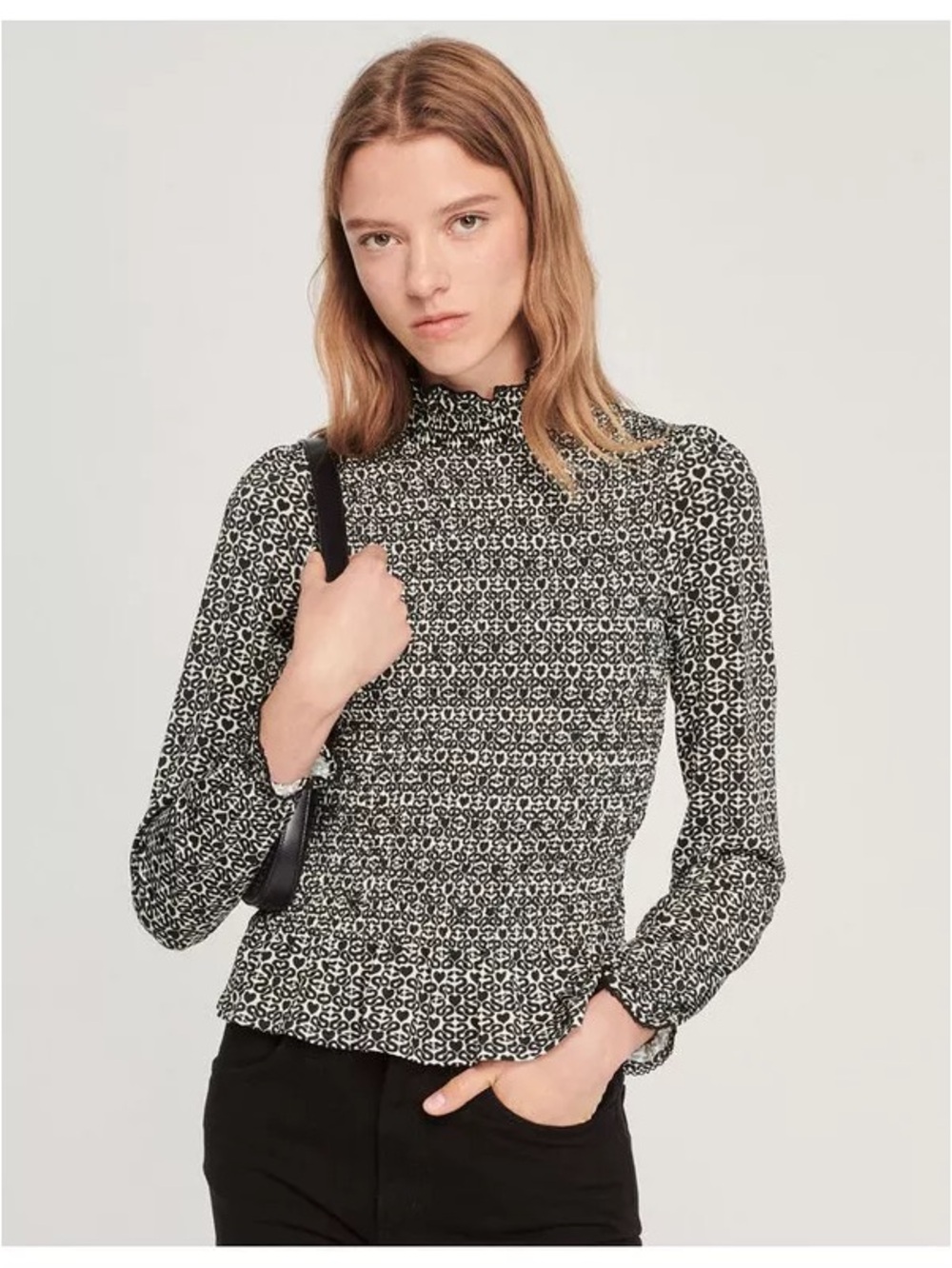 Sandro Monogram Long Sleeve Smocked Mock Neck Blouse Top Black White 1 Small